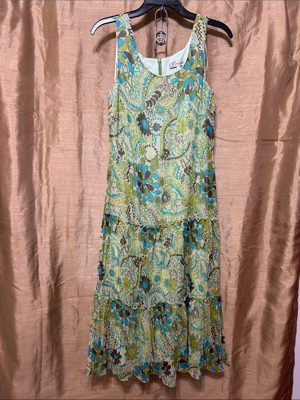 dressbarn Green, Blue and Brown Paisley Tiered Maxi Dress